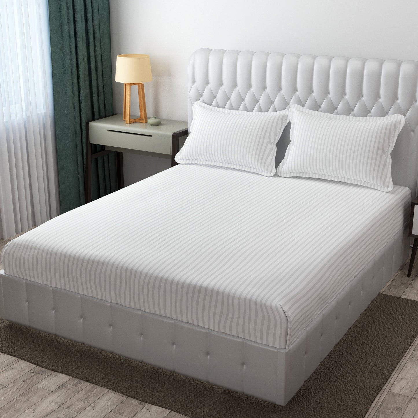 Elastic Fitted Satin Premium Polycotton 200TC double bed  Stripes Pattern Bedsheets with 2 king size  Pillow Covers (Queen Size (72x78x8), white