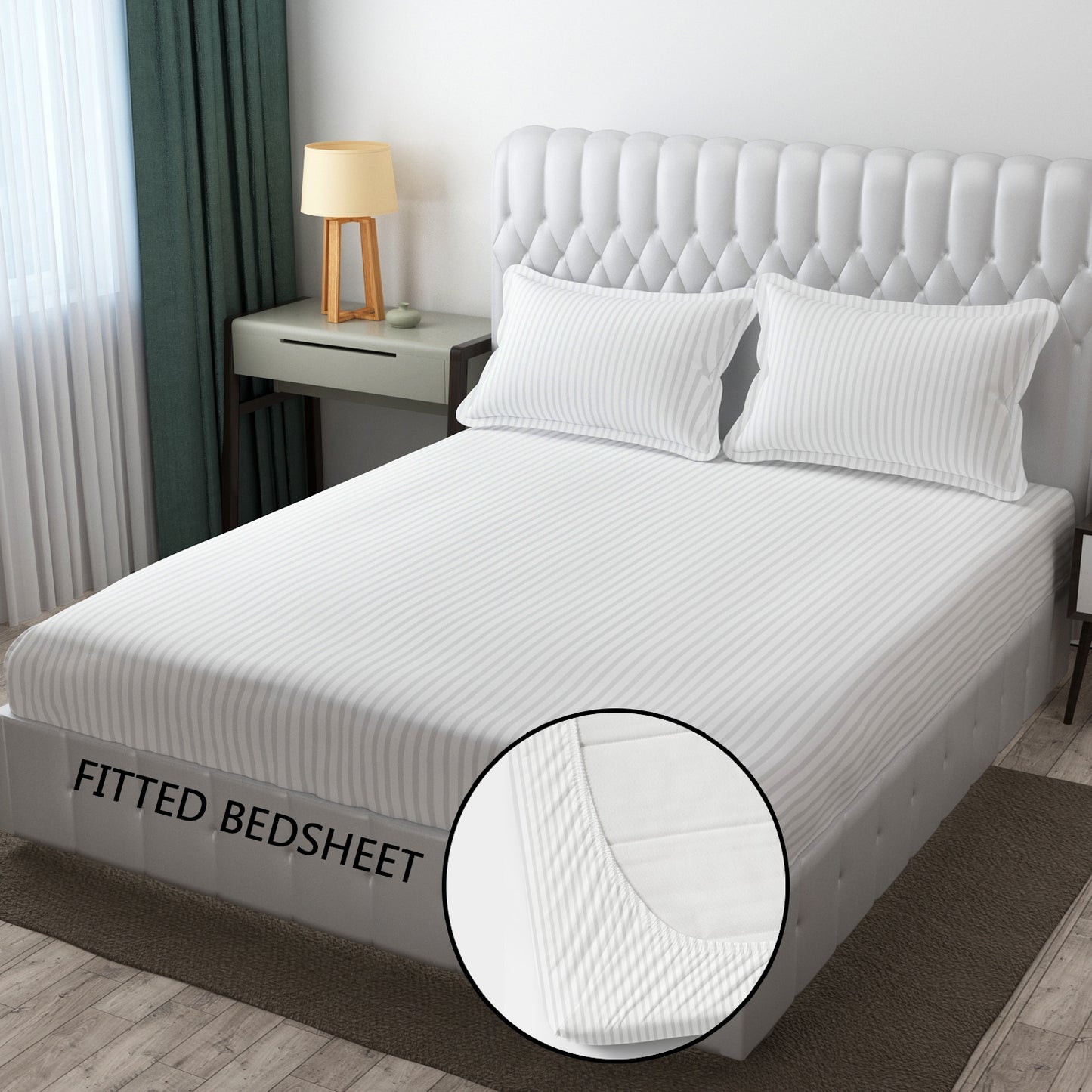 Elastic Fitted Satin Premium Polycotton 200TC double bed  Stripes Pattern Bedsheets with 2 king size  Pillow Covers (Queen Size (72x78x8), white