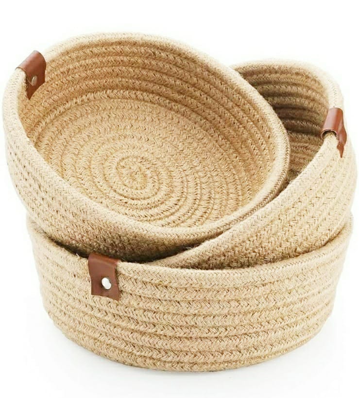 Jute Round Baskets Online | Designer Baskets | Storage/Shelves Baskets | Fruit Baskets Or Clothes (Beige, Set Of All 3 Sizes (S, M & L))
